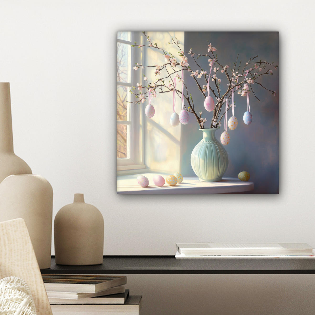 LEINWANDBILD Stillleben - Vase - Osterzweig Deko Wohnzimmer 20x20 cm - Hellblau, Textil (20/20cm) - MuchoWow