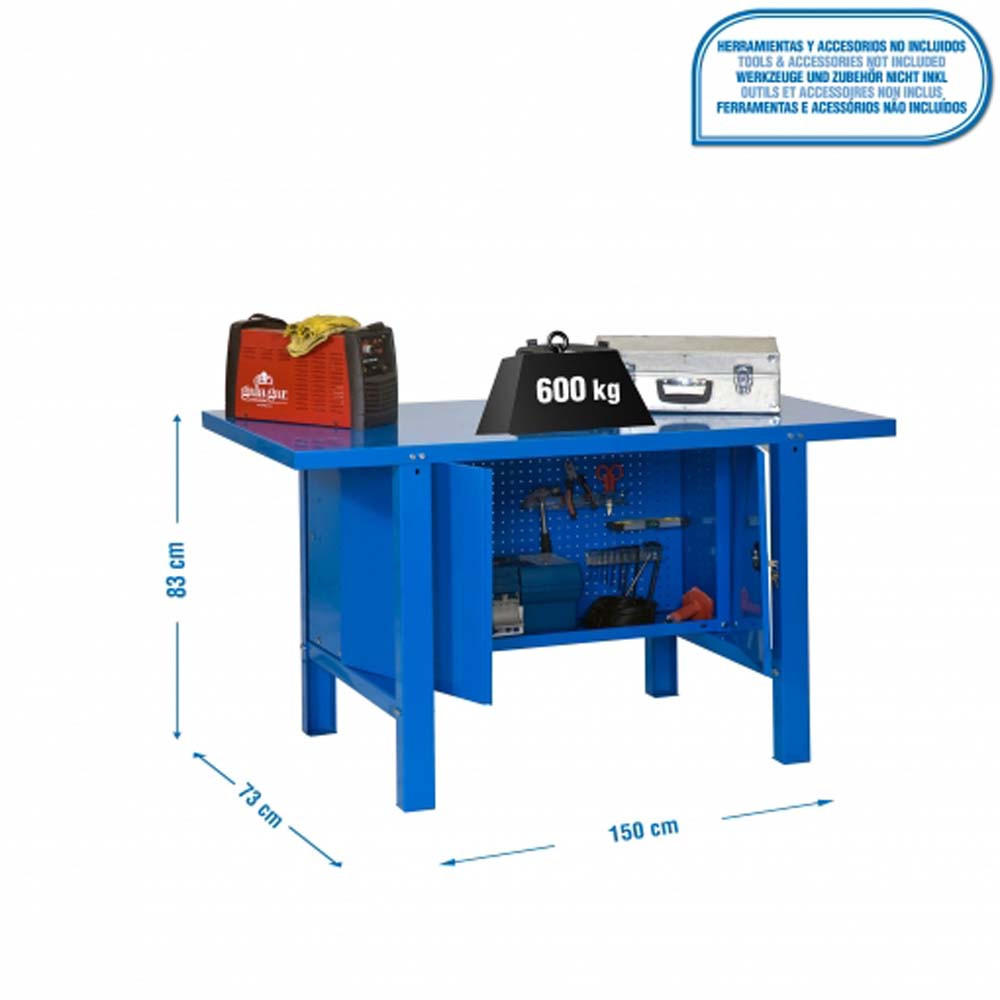 WERKBANK BUFFALO METAL mit Schrank | HxBxT 83x150x73cm | Traglast 600kg | Blau - Blau, Metall (150/83/73cm) - PROREGAL