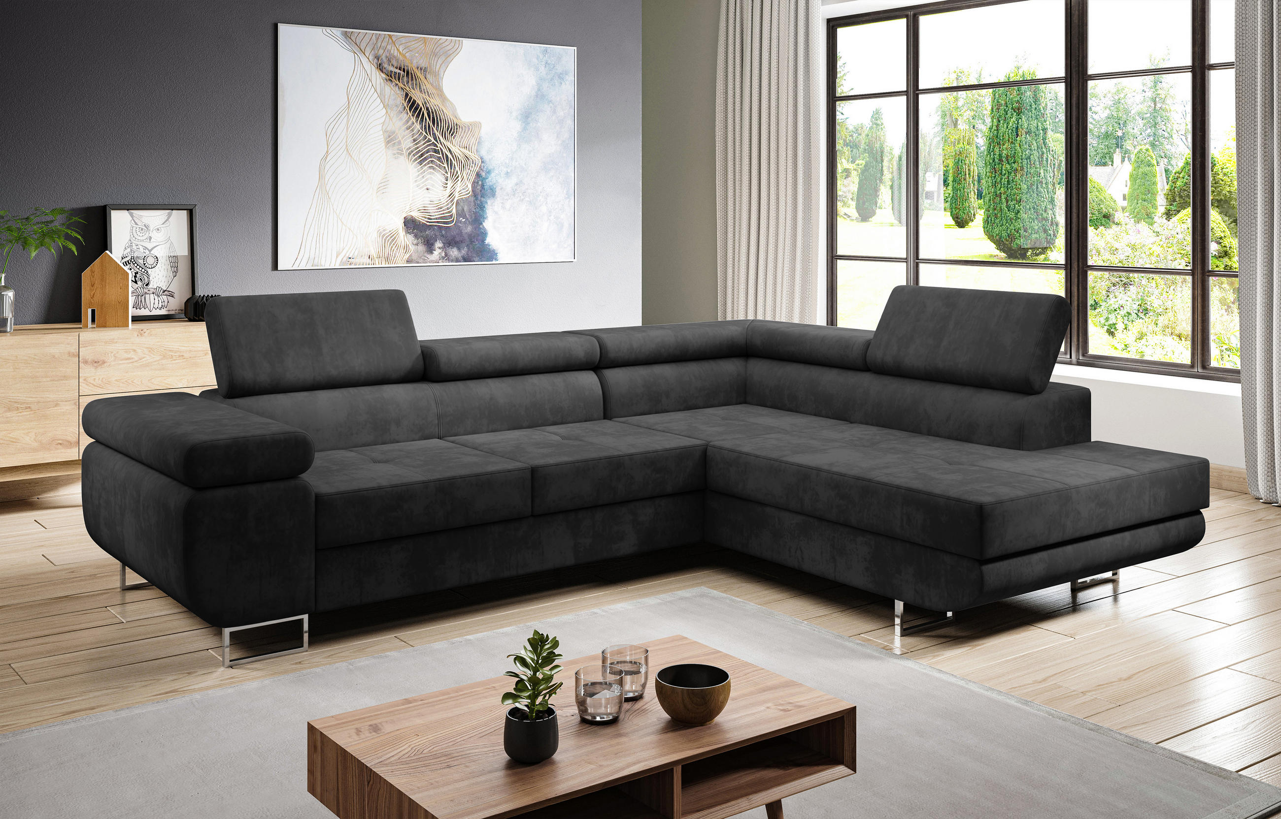 ECKSOFA L Form Kanya Grau 275/202/90 cm – Sofa mit Bettfunktion & Stauraum R - Dunkelgrau/Silberfarben, Textil/Metall (275/202cm) - AX Living
