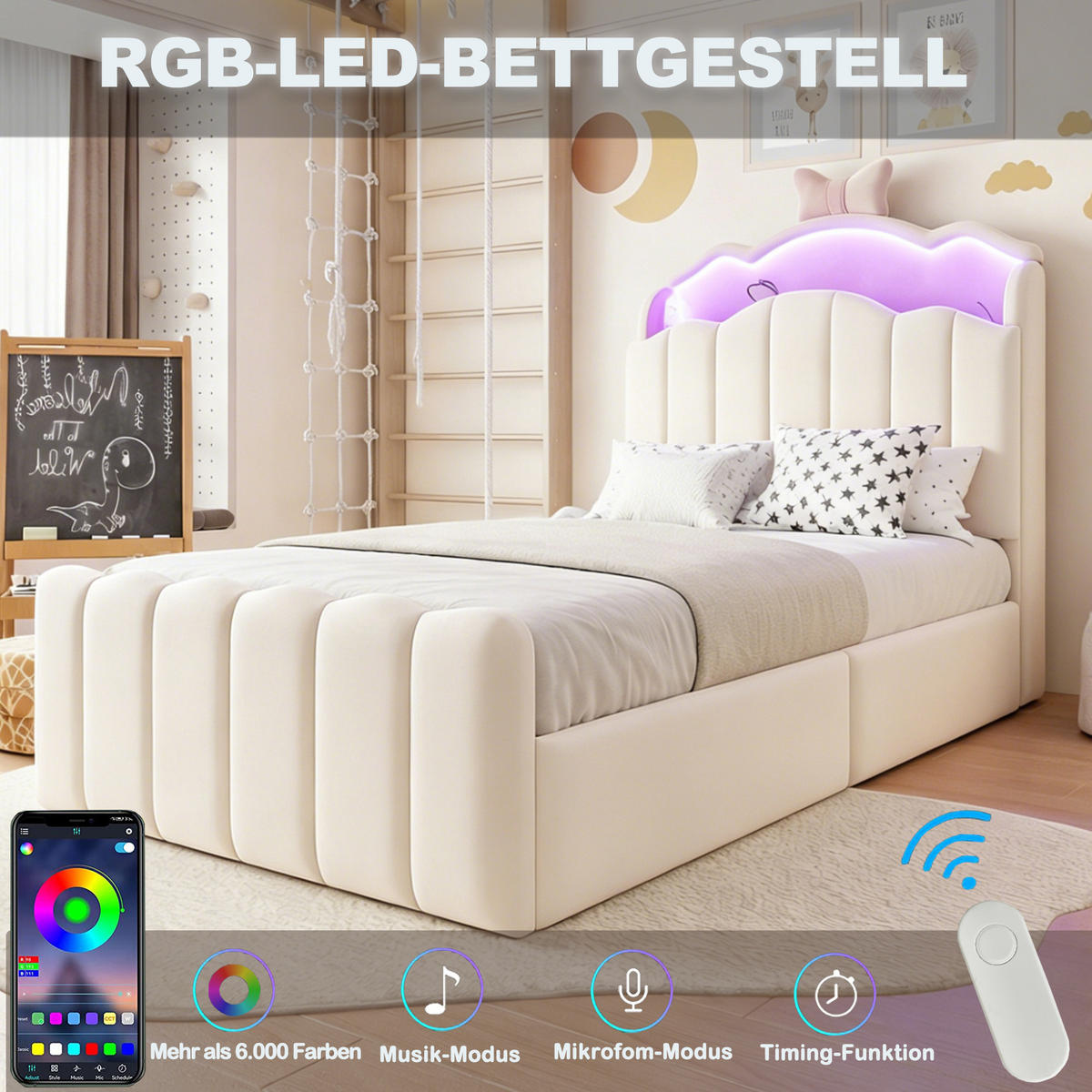 POLSTERBETT 90x200cm Samt LED USB Hydraulik Stauraum Beige - Beige, Metall (90/200cm) - FLIEKS