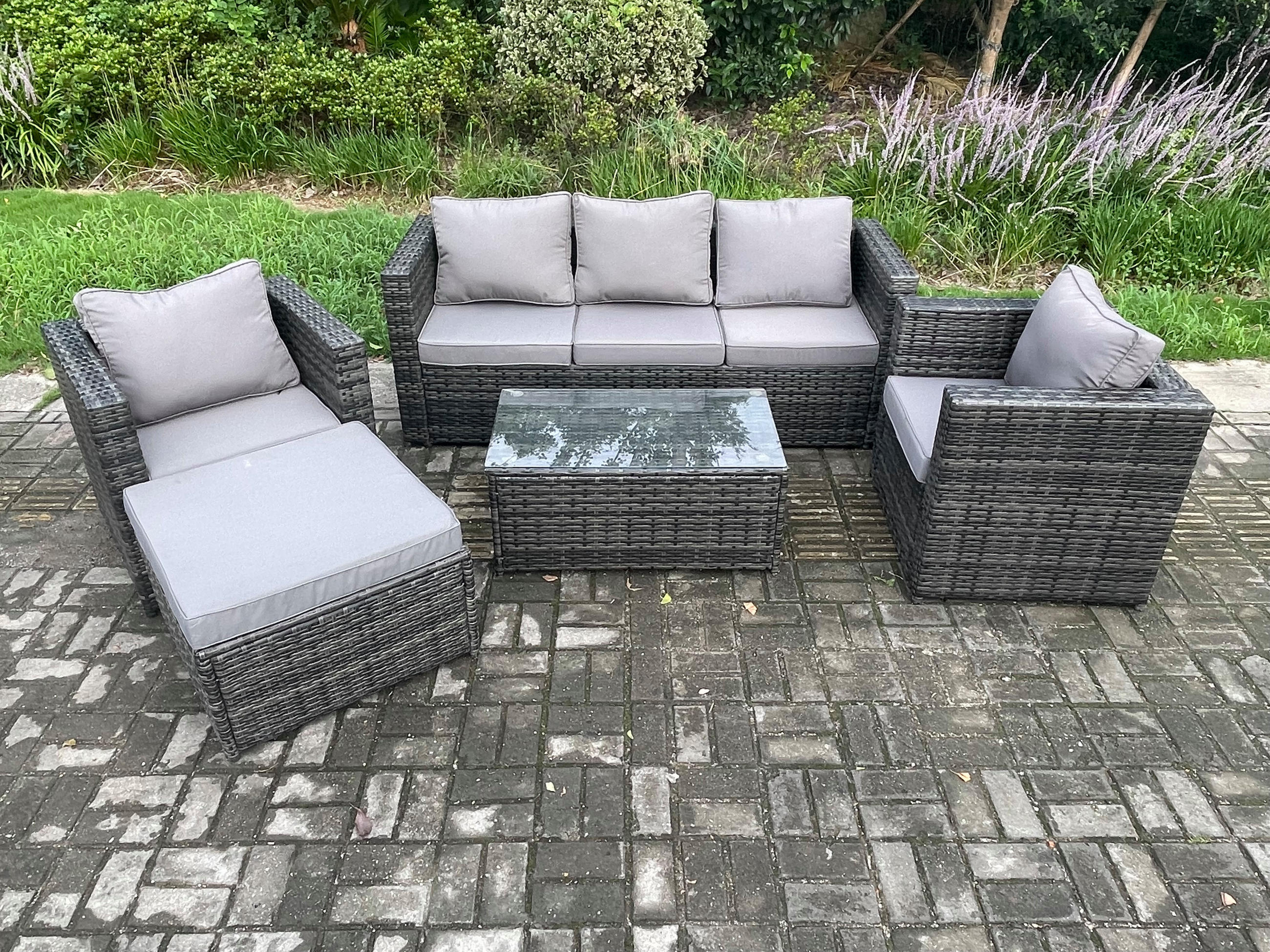 GARTENSOFA SET Polyrattan Dunkelgrau 6-Sitzer - Dunkelgrau, Metall - Fimous