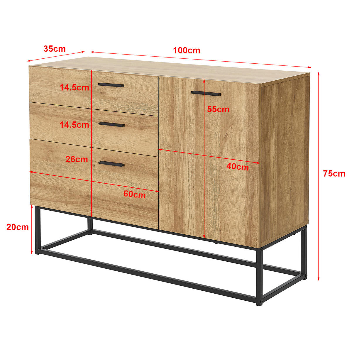 SIDEBOARD Lavangen - Eichefarben/Schwarz, Holzwerkstoff/Metall (100/75/35cm) - [en.casa]