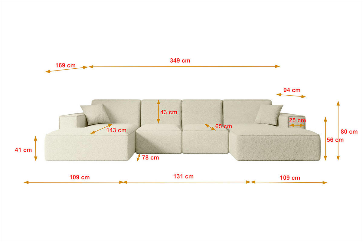 WOHNLANDSCHAFT SIERRA-U - 349x169x80 cm Beige Bouclé - Beige/Schwarz, Holzwerkstoff/Kunststoff (349/80/169cm) - ALTDECOR