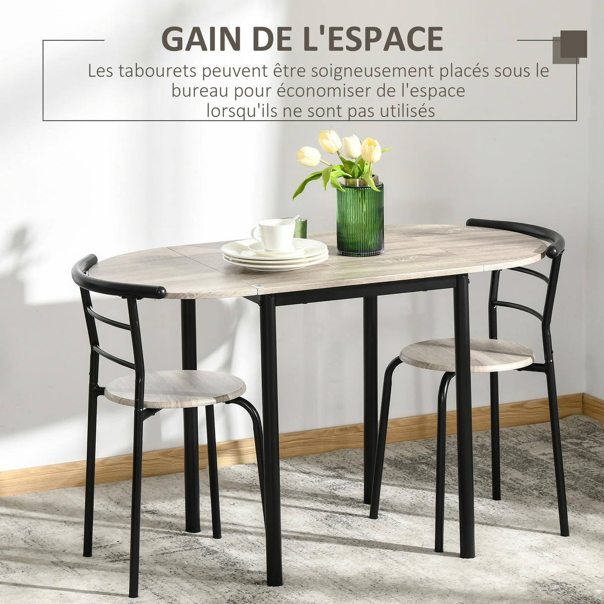 AUSZIEHBARER ovaler Tisch und 2 Stühle – Klapptisch – Metall und MDF – schwarz und natur - Eichefarben, Kunststoff (120/75/60cm)