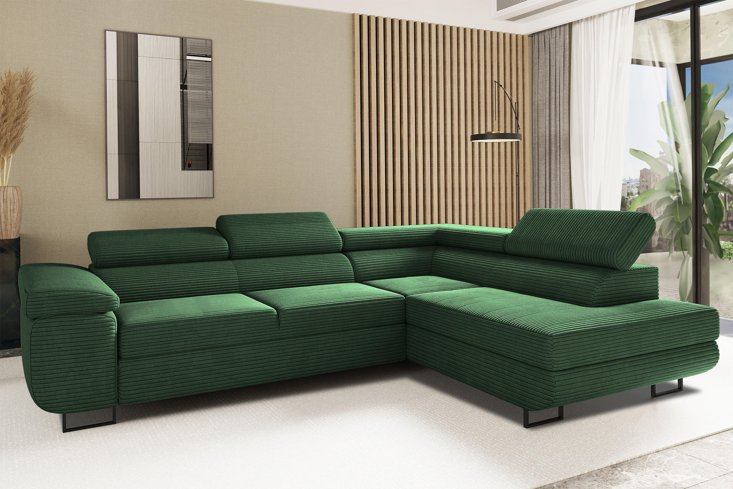 ECKSOFA ATOMIC Mit Schlaffunktion, Stoff Poso, Grün, Rechts - Grün, Holz (277/203cm) - Kaiser Möbel