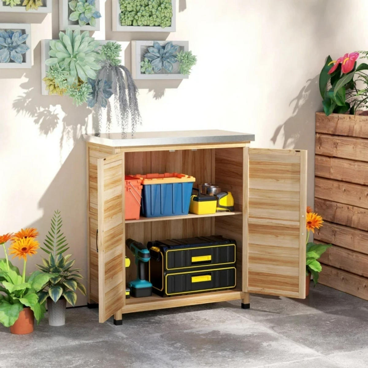 GARTENSCHRANK Arbeitsbank Holzfarbe - Braun, Metall (43/92/79cm) - ComfortXL