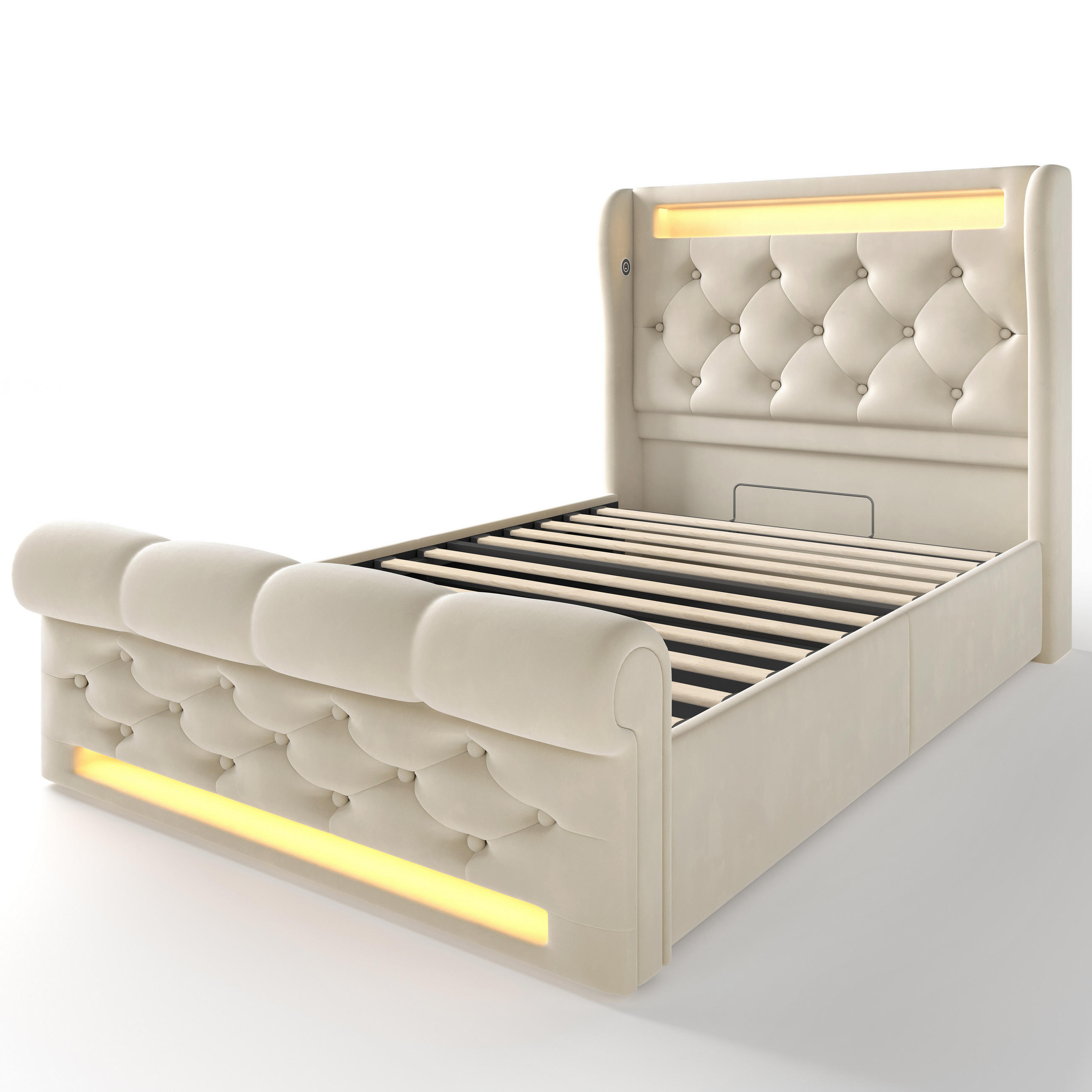 POLSTERBETT aus Samt 90x200 cm in Beige mit LED & USB-/Typ-C-Ladestation - Beige, Textil (90/200cm) - Modfu