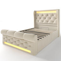 POLSTERBETT aus Samt 90x200 cm in Beige mit LED & USB-/Typ-C-Ladestation - Beige, Textil (90/200cm) - Modfu