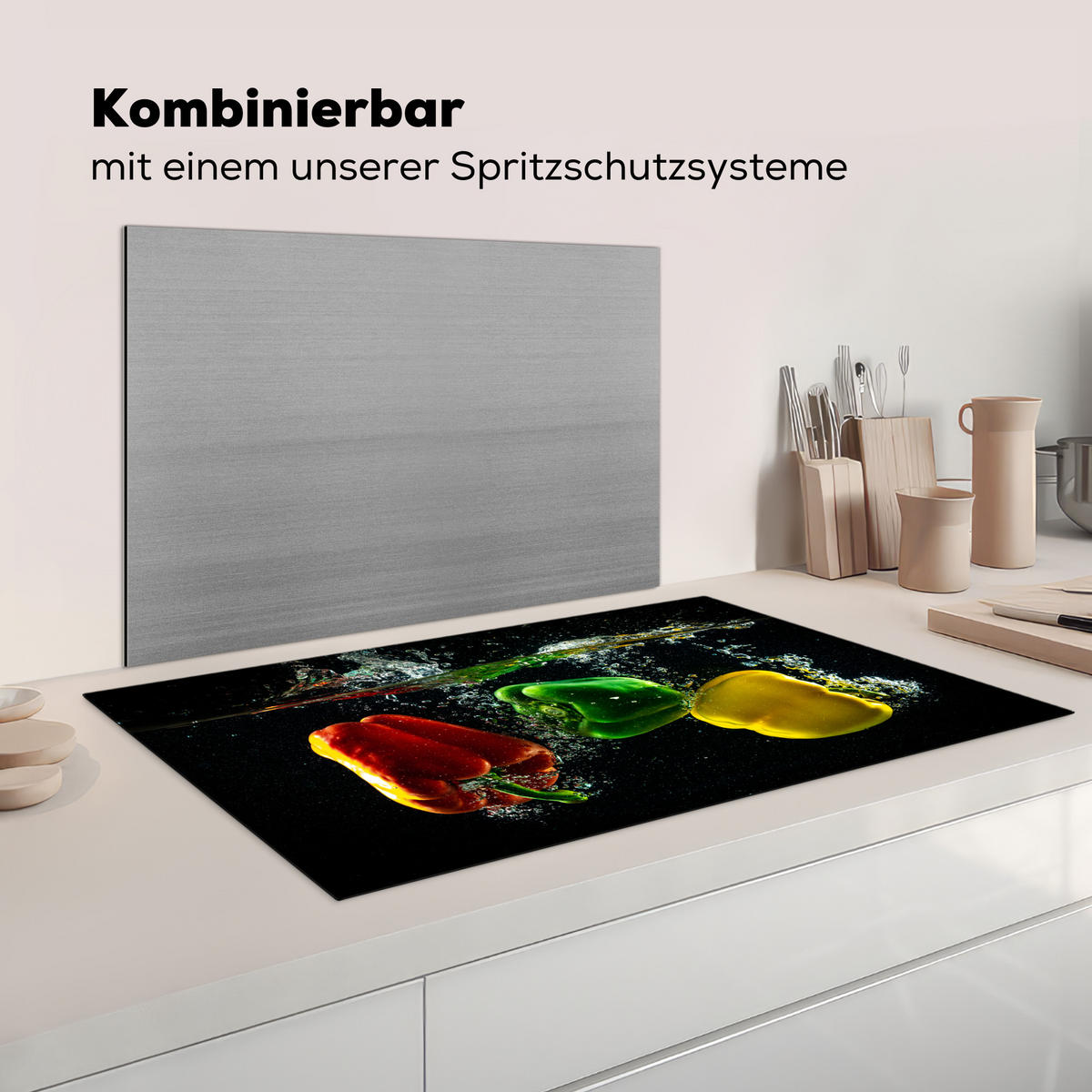 HERDABDECKPLATTE Paprika - Gemüse - Wasser - Schwarz - Rot - Grün - Gelb Ceranfeldabdeckung 90x52 cm - Multicolor, Kunststoff (90/52/0.2cm) - MuchoWow