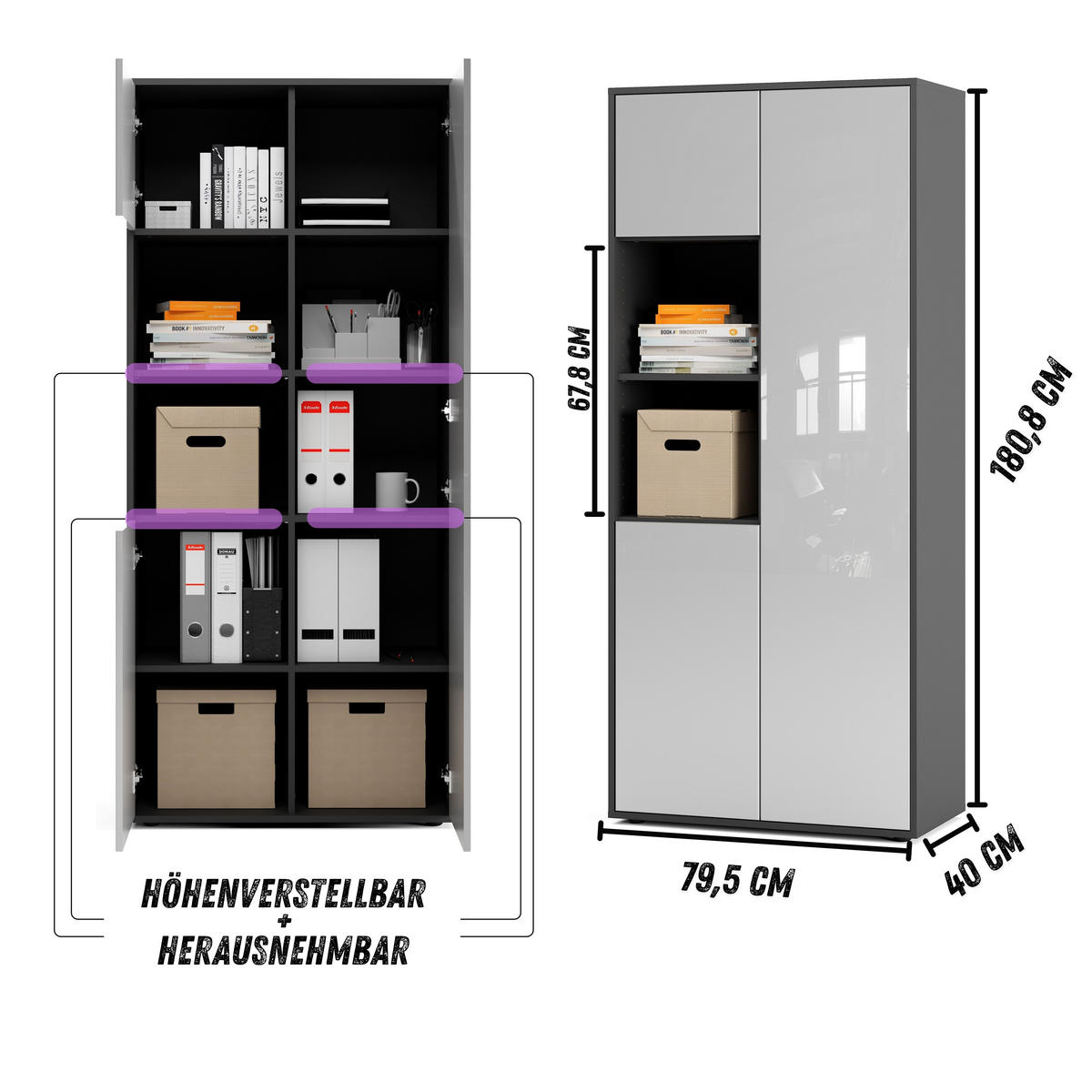AKTENSCHRANK Amira T20 Weiß Hochglanz 180/80/40 cm - Weiß Hochglanz, Holzwerkstoff (80/180/40cm) - SIMPLYFURN