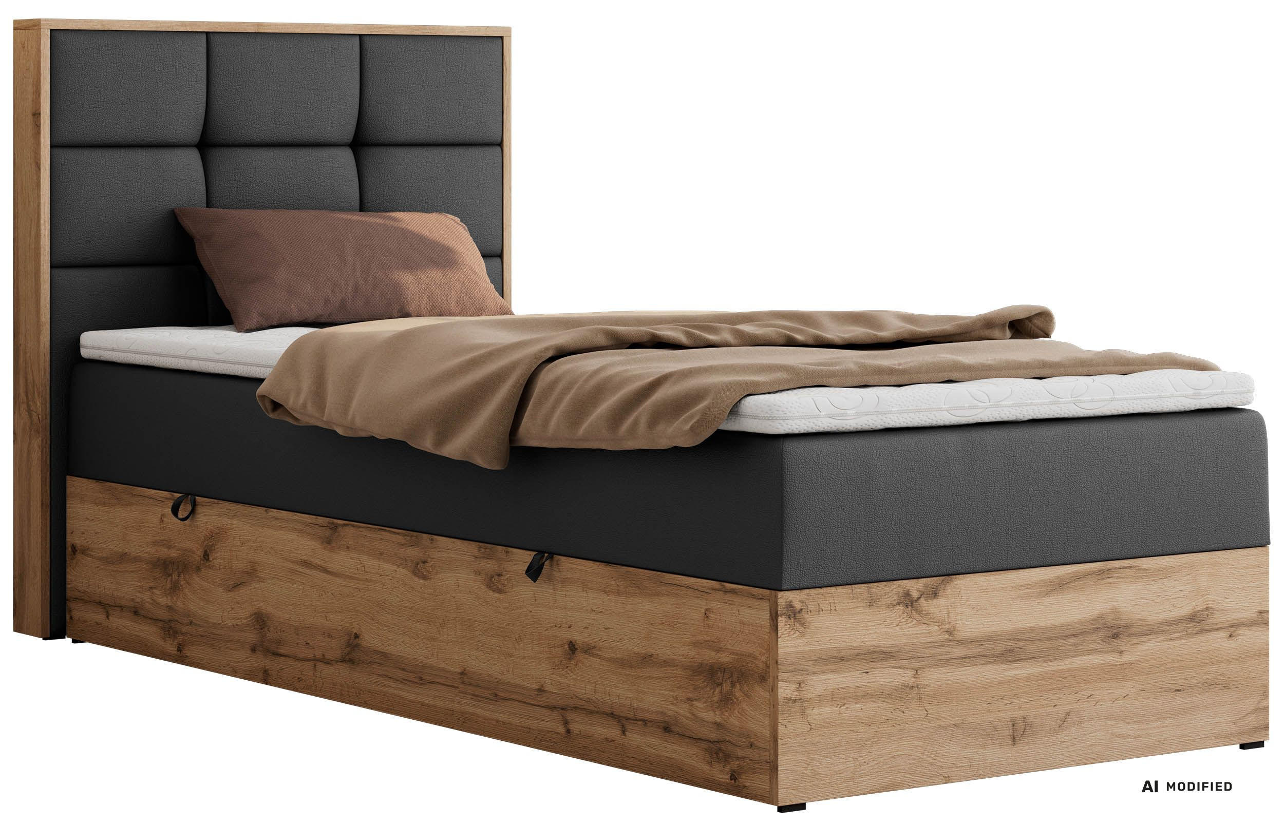 BOXBETT ALBERO 1 90/200 - Dunkelgrau Kunstleder - Topper T25 - H4 - Links - Dunkelgrau/Anthrazit, Kunststoff/Textil (90/200cm) - MKS
