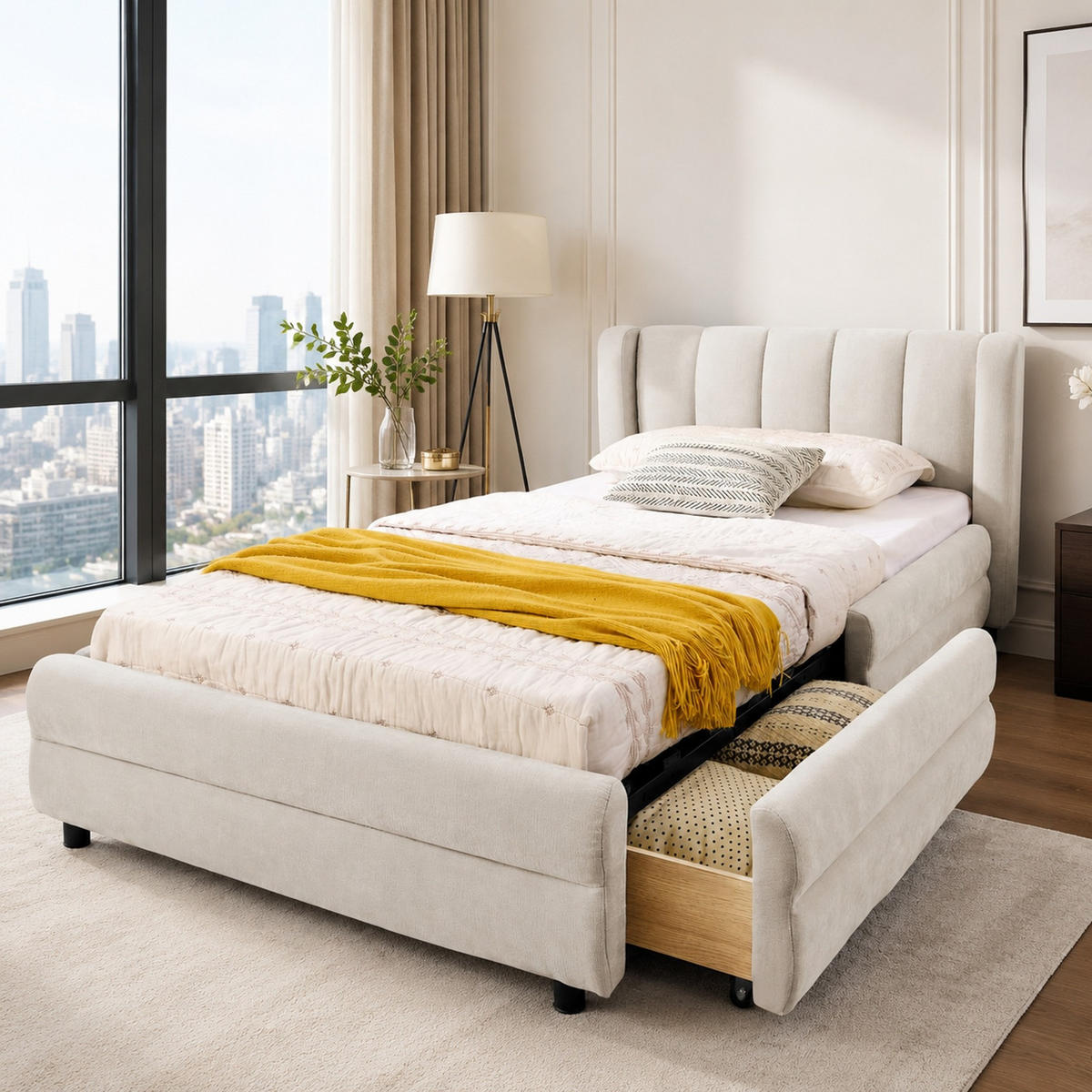 POLSTERBETT 90/200 mit Schubladen und USB in Beige - Beige, Holzwerkstoff/Textil (90/200cm) - EVRYAE