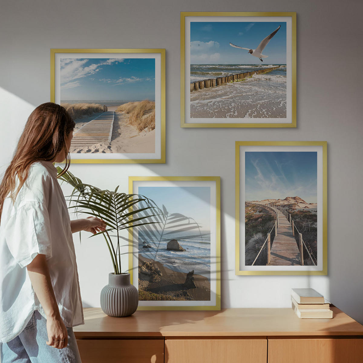 WANDBILDER 4er Set - 50x50 cm & 40x60 cm Goldrahmen - Strandwellen, Himmelsbrücke, Spaziergang - Goldfarben, Kunststoff (50/50cm) - ArtPrintCave