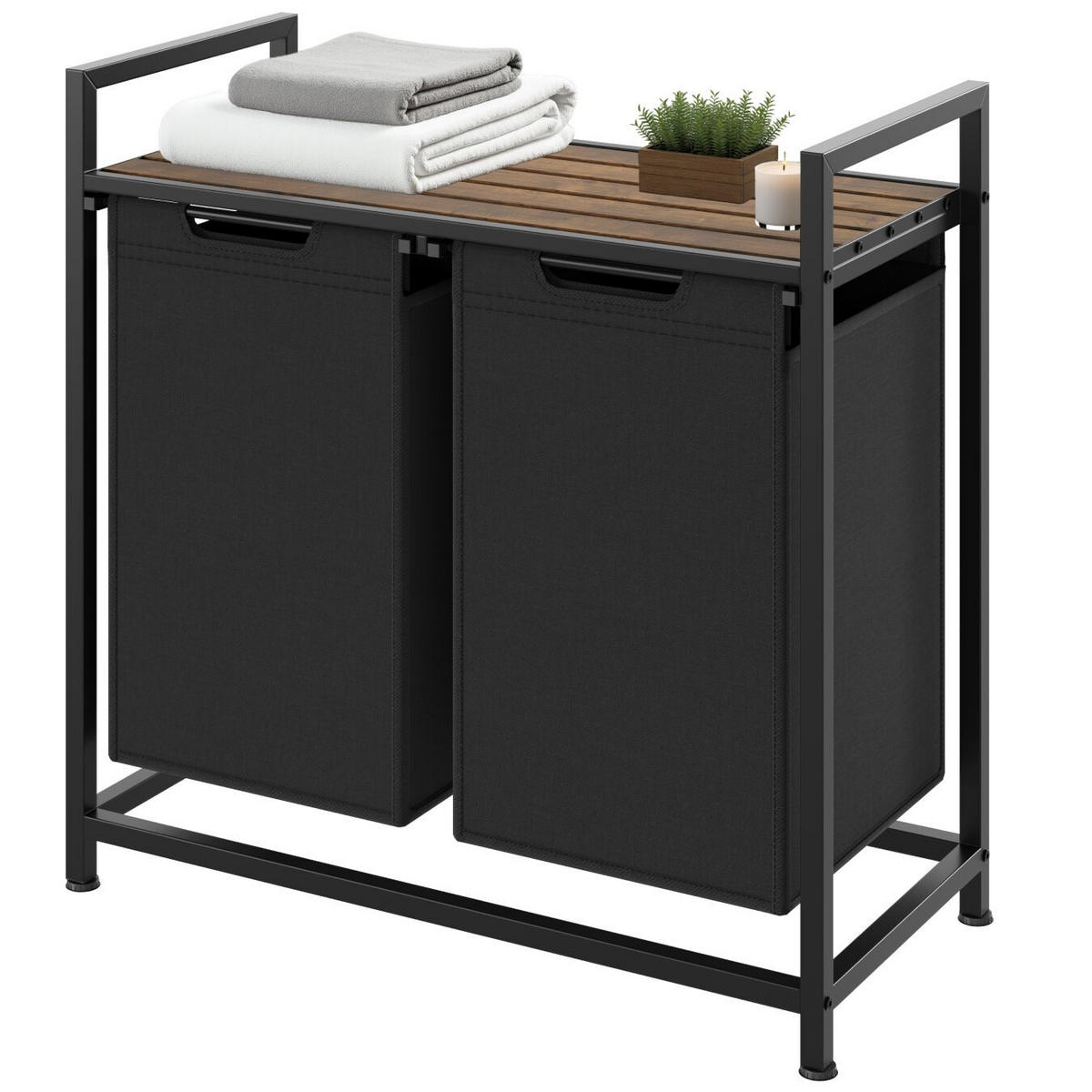 WÄSCHESORTIERER, höhenverstellbare Kunststofffüße,schwarz/braun - Schwarz/Braun, Metall (74/72/34cm) - tectake