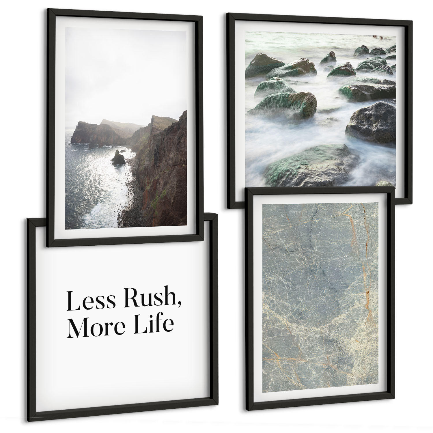 BILDER SET 4er Set - 50x50 cm & 40x60 cm Schwarzer Rahmen - Grüner Marmor Melancholie - Schwarz, Kunststoff (50/50cm) - TULUP