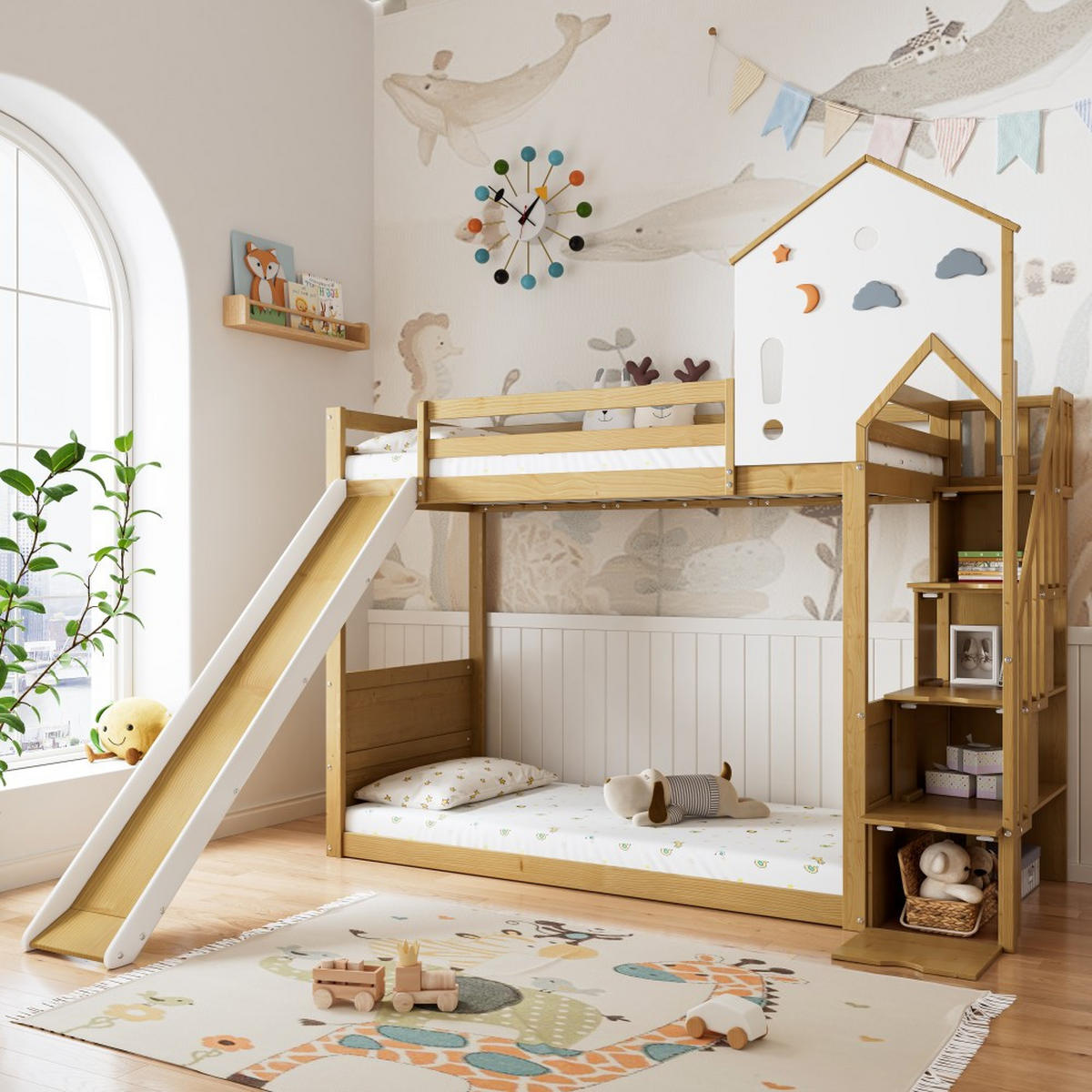 ETAGENBETT 90x200cm in Natur mit 3 Schließfächer in der Treppe - Naturfarben, Holz (90/200cm) - KOMHTOM