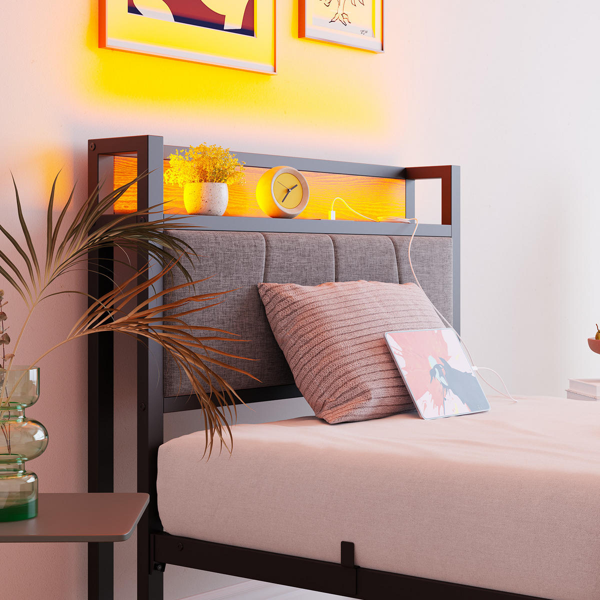 METALLBETT 90x200 cm LED USB Stauraum - Schwarz, Holzwerkstoff (90/200cm) - LEBENLANG