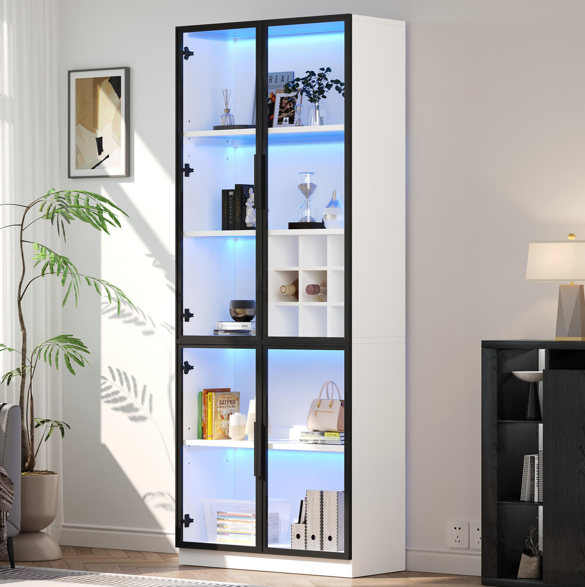 VITRINE aus Spanplatte 80x35x200 cm Weiß mit Glastüren, LED-Beleuchtung und Weinfach - Weiß, Holzwerkstoff (80/200/35cm) - Modfu