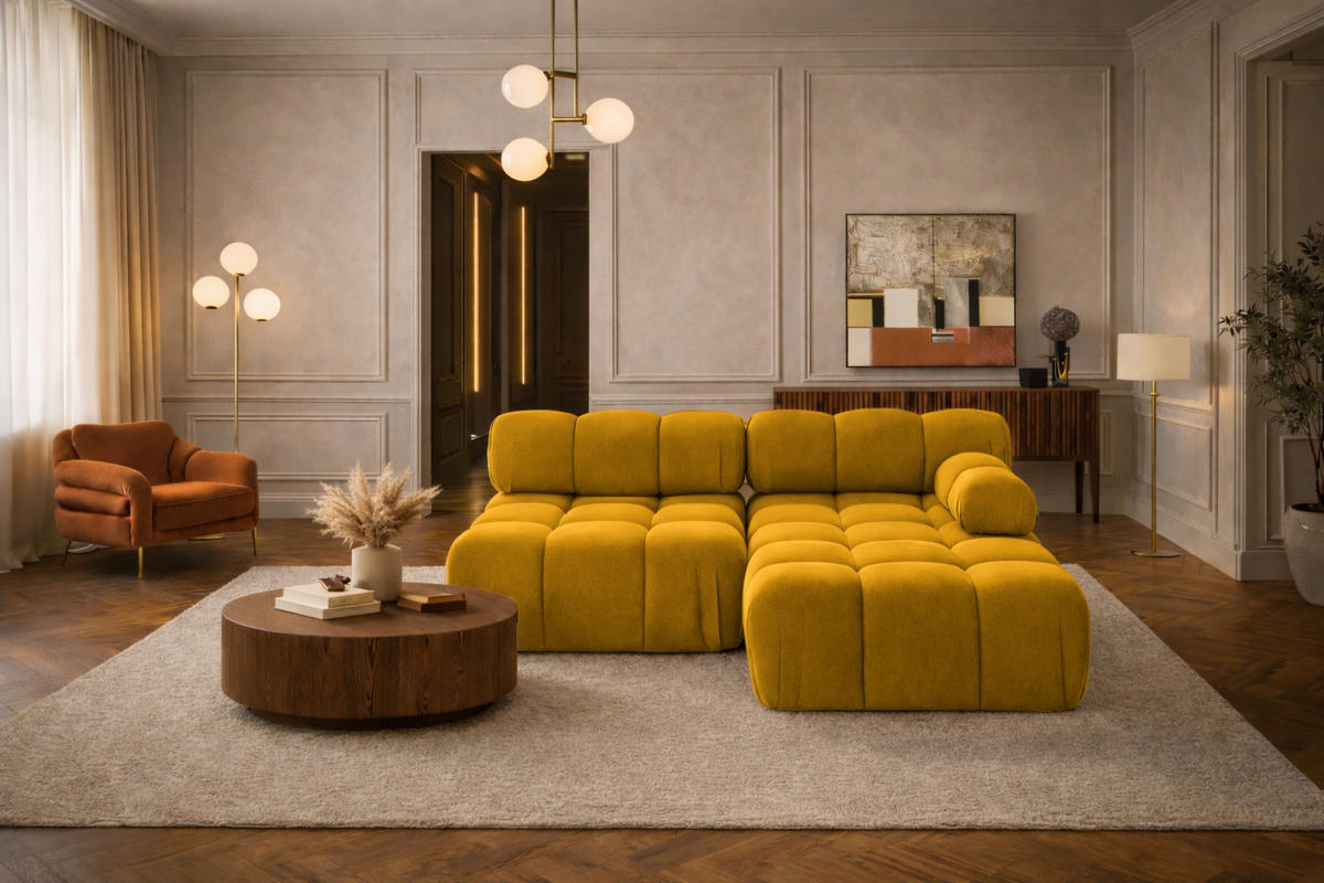 ECKSOFA L-Form Mini II Modular, Veloursstoff Salvador, Gelb, Rechts, Selia - Gelb, Holz (190/160cm) - Kaiser Möbel