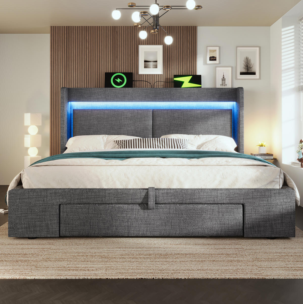 POLSTERBETT mit Stauraum 160x200 cm Leinen Grau mit LED & USB - Grau, Metall (160/200cm) - Meubliv