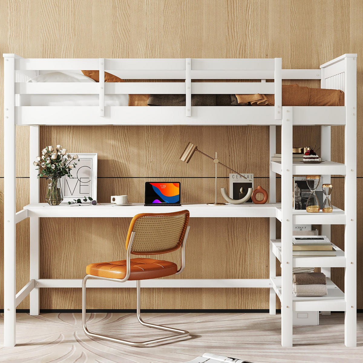 HOCHBETT 90/200 cm Weiß mit Schreibtisch und Ablagefächern - Weiß, Holzwerkstoff (90/200cm) - Flora Grace
