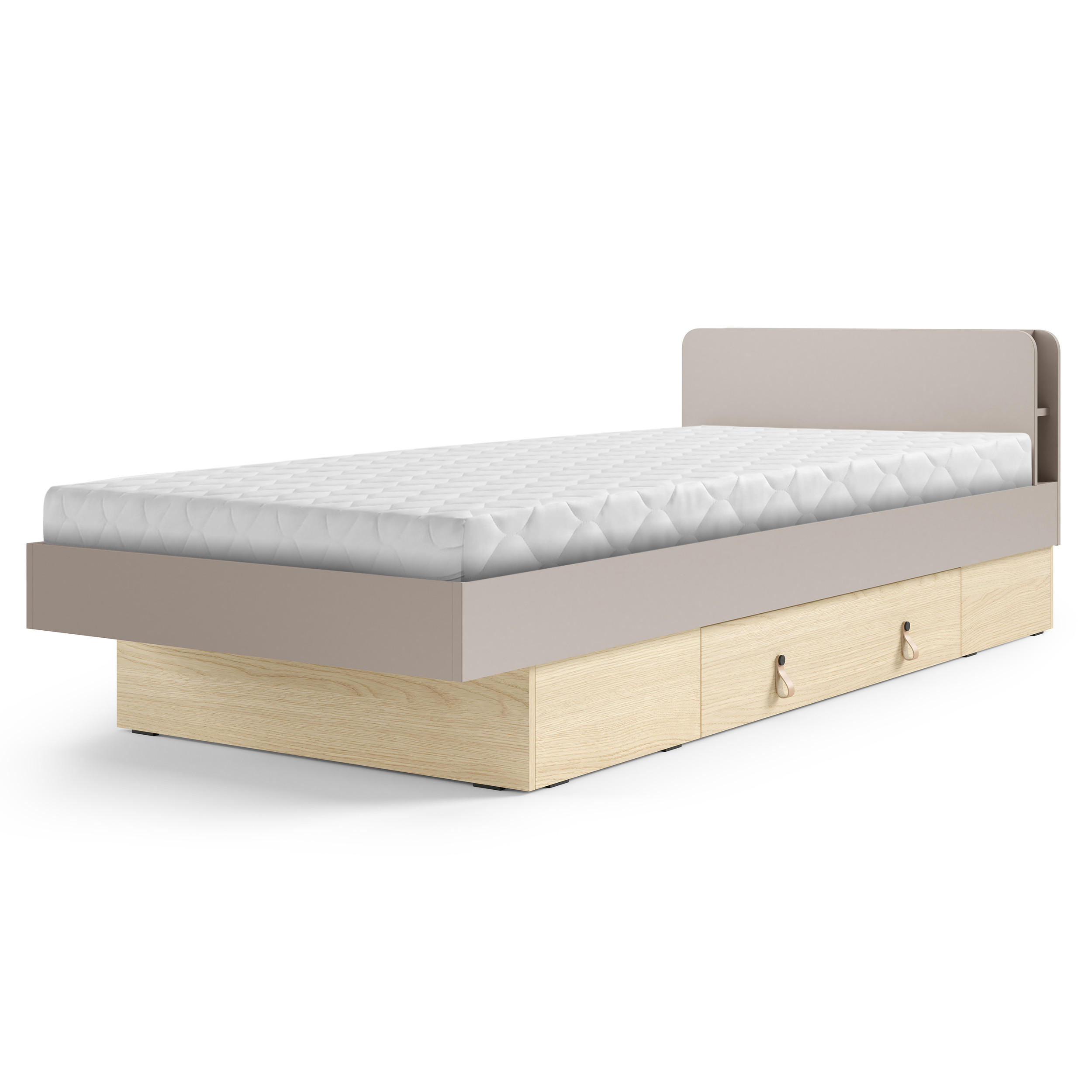 BETT Sorella 90x200 cm mit Lattenrost und Bettkasten-Schublade, mit Matratze 26 cm, Porcini + Eiche Mavelie - Eichefarben/Cappuccino, Leder/Holzwerkstoff (90/200cm) - Beautysofa