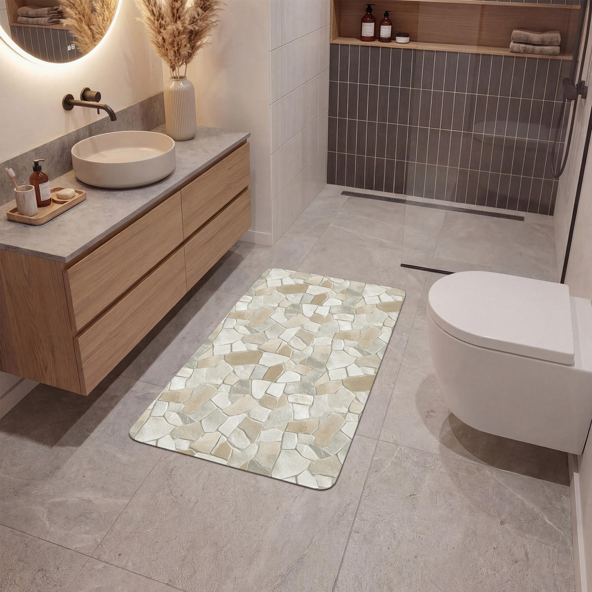 KÚPEĽŇOVÁ PREDLOŽKA Mozaika - Kamienky - béžová 60x90 cm - krémová/béžová, textil/plast (60/90cm) - OnlyWow