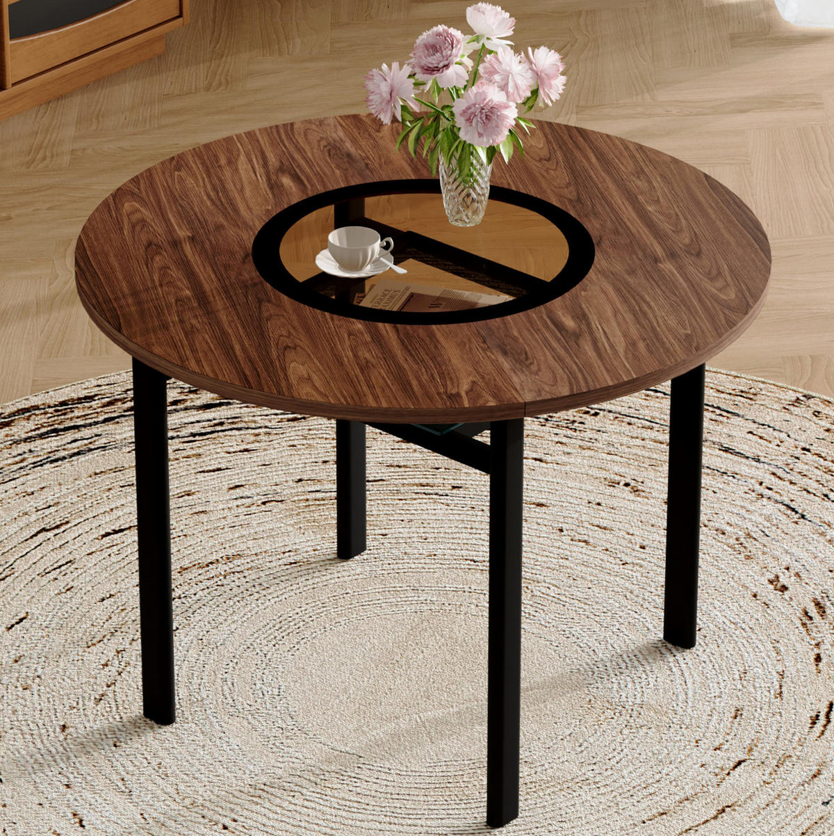 ESSTISCH rund 100 cm in Braun/Schwarz mit Glasintarsie und Ablage - Braun, Holzwerkstoff (100/100/76cm) - Flora Grace