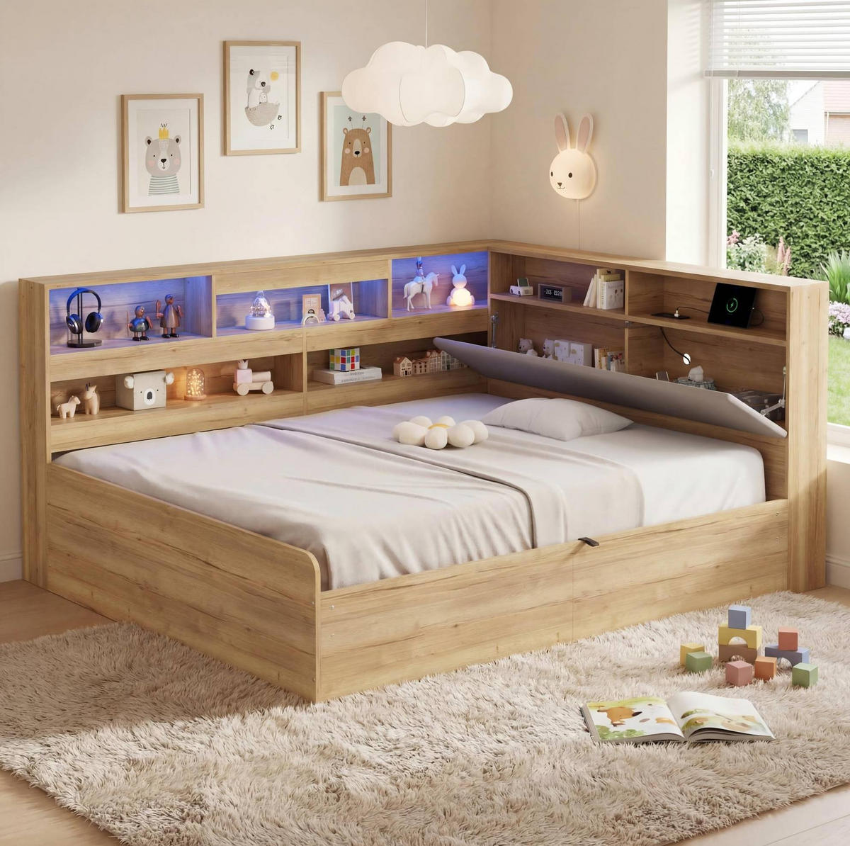 KINDERBETT 140/200 cm aus MDF mit hydraulischem Stauraum, LED-Beleuchtung und USB-Ladestation, Natur - Naturfarben, Holzwerkstoff (140/200cm) - Redom