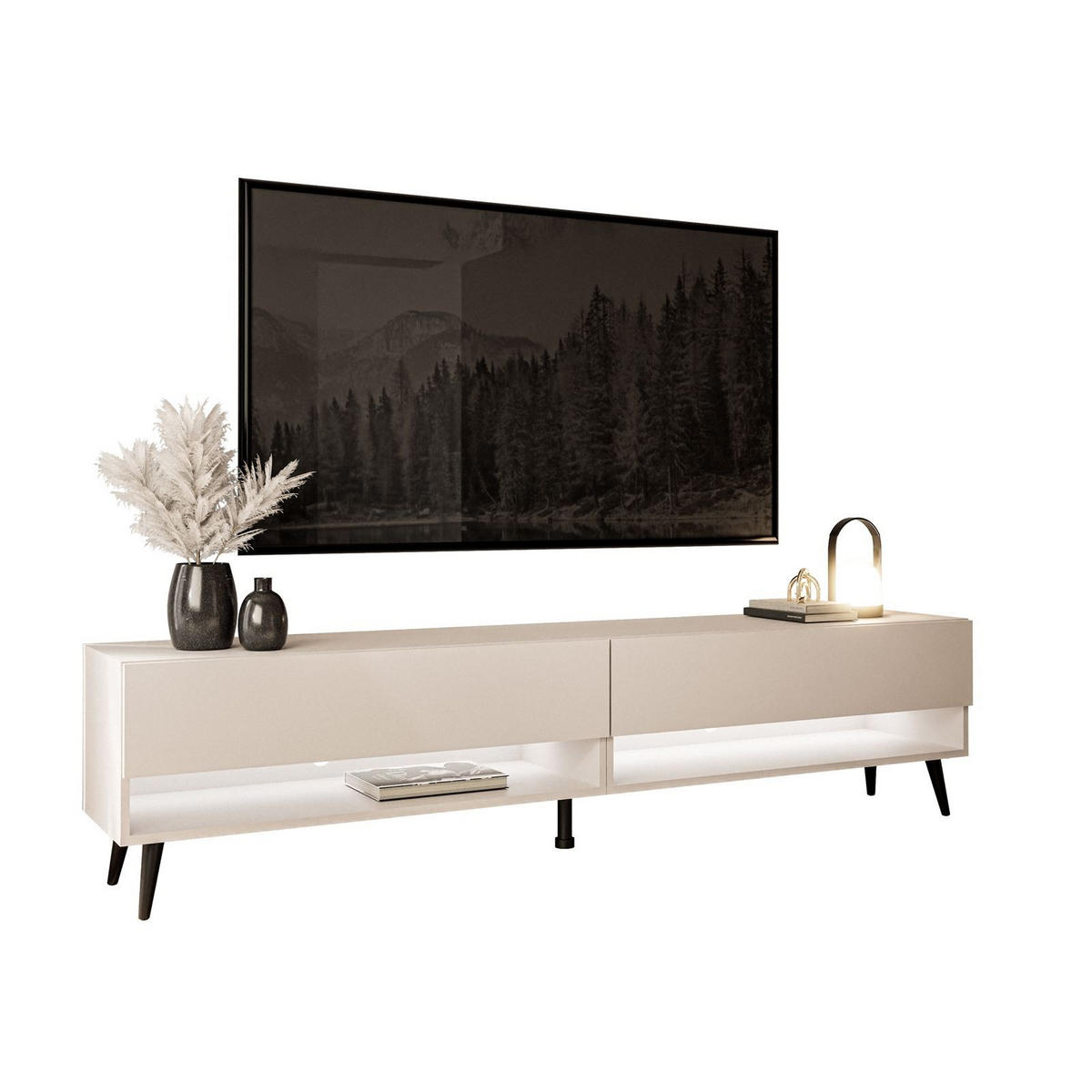 LOWBOARD TV-Schrank CALANTE 180 cm auf schrägen schwarzen Beinen - Kaschmir/Schwarz, Holzwerkstoff/Metall (180/43/35cm) - Lookway