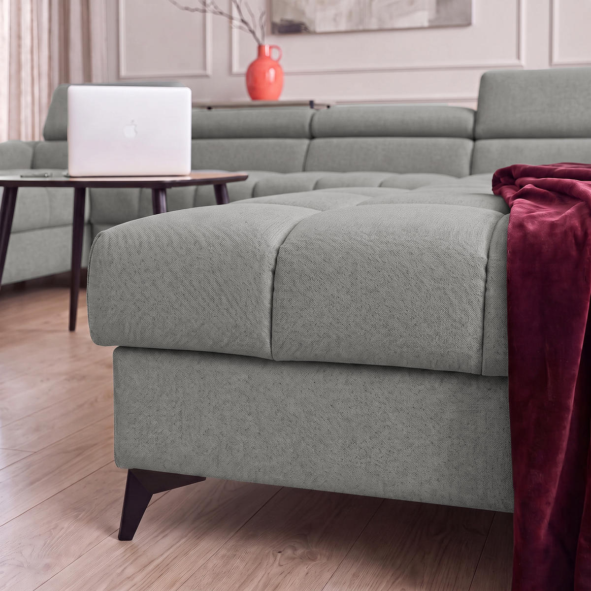 ECKSOFA PUDDING U Links mit Schlaffunktion 125x260 Velours Grau - Schwarz/Grau, Holz/Textil (203/350cm) - Muffo
