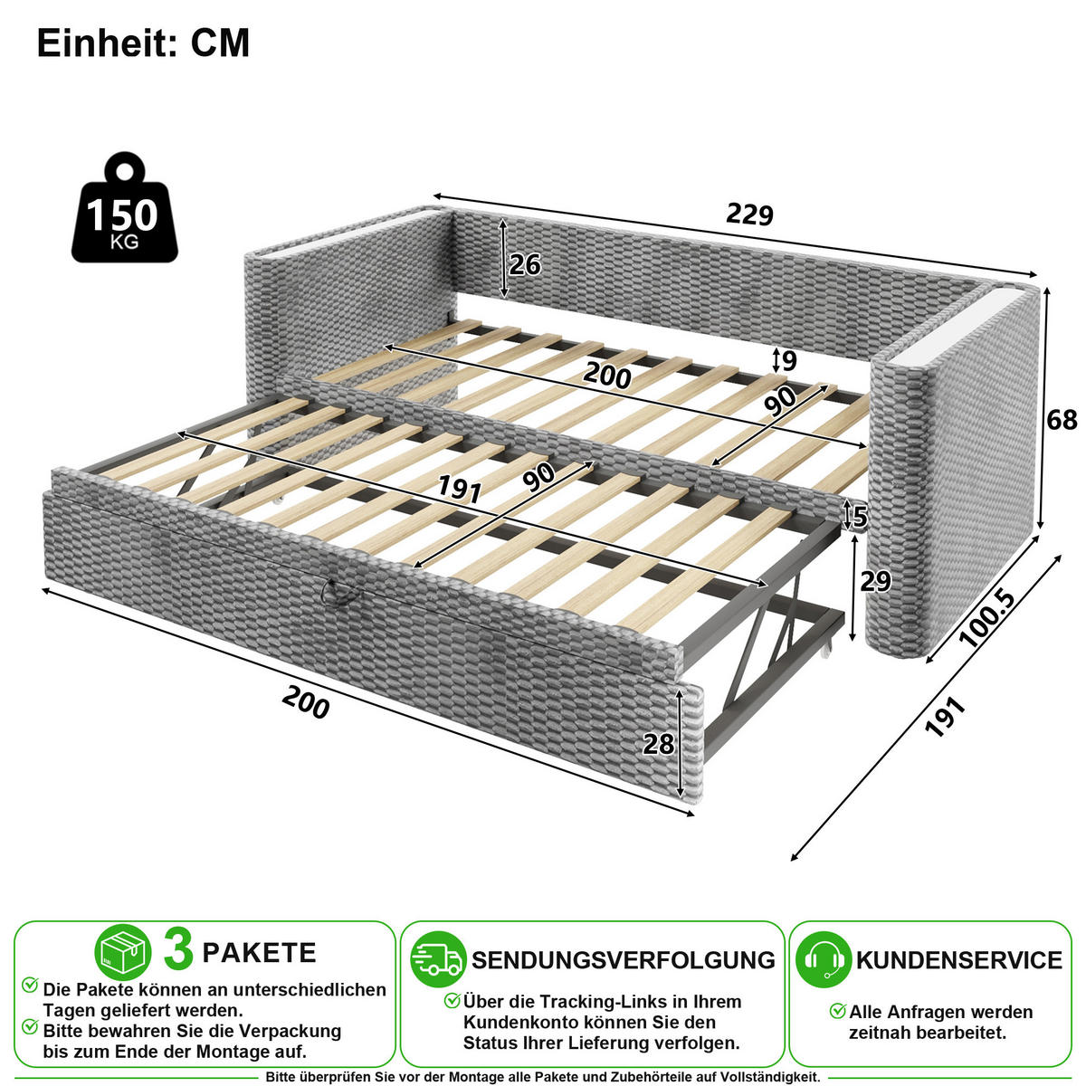 SCHLAFSOFA 90/200 cm & 180/200 cm in Grau mit LED und Ausziehfunktion Samt - Grau, Holzwerkstoff/Textil (90/200cm) - CHICFURN