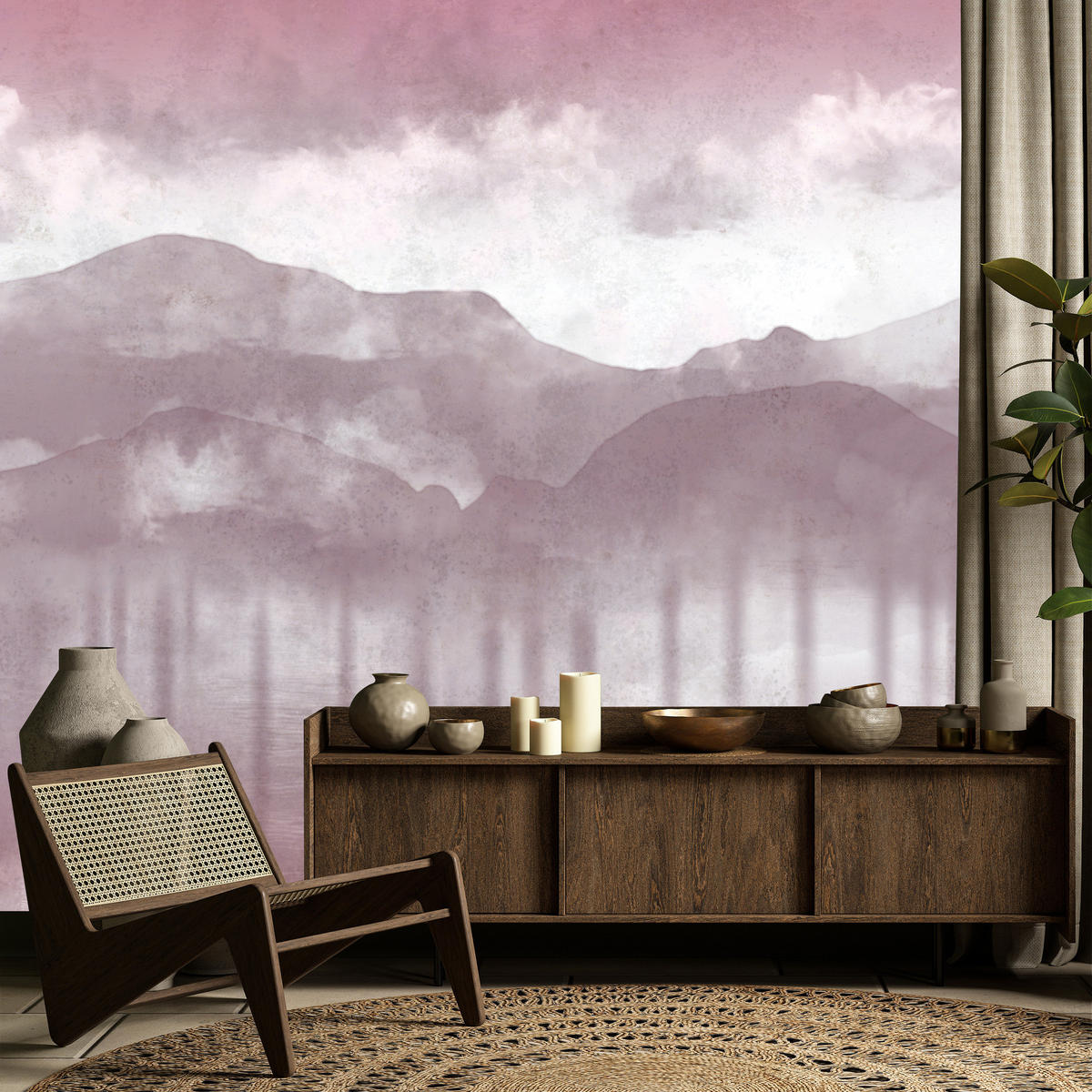 FOTOTAPETE Neblige violette Landschaft Berge 150x105 - Violett/Rosa, Papier (150/105cm) - Muralo