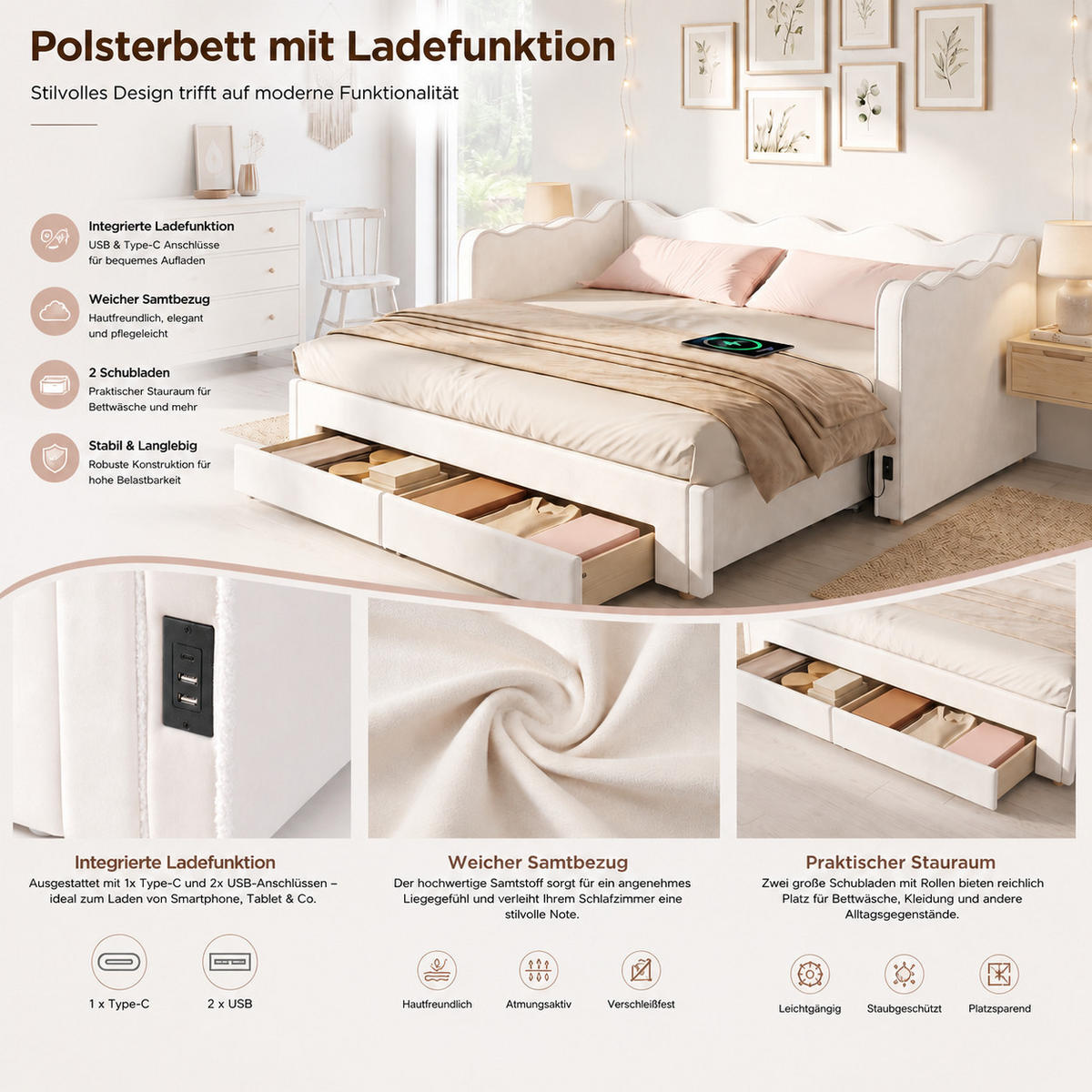 POLSTERBETT 90x200cm Ausziehbar Stauraum USB Samt Beige - Beige, Textil - FLIEKS
