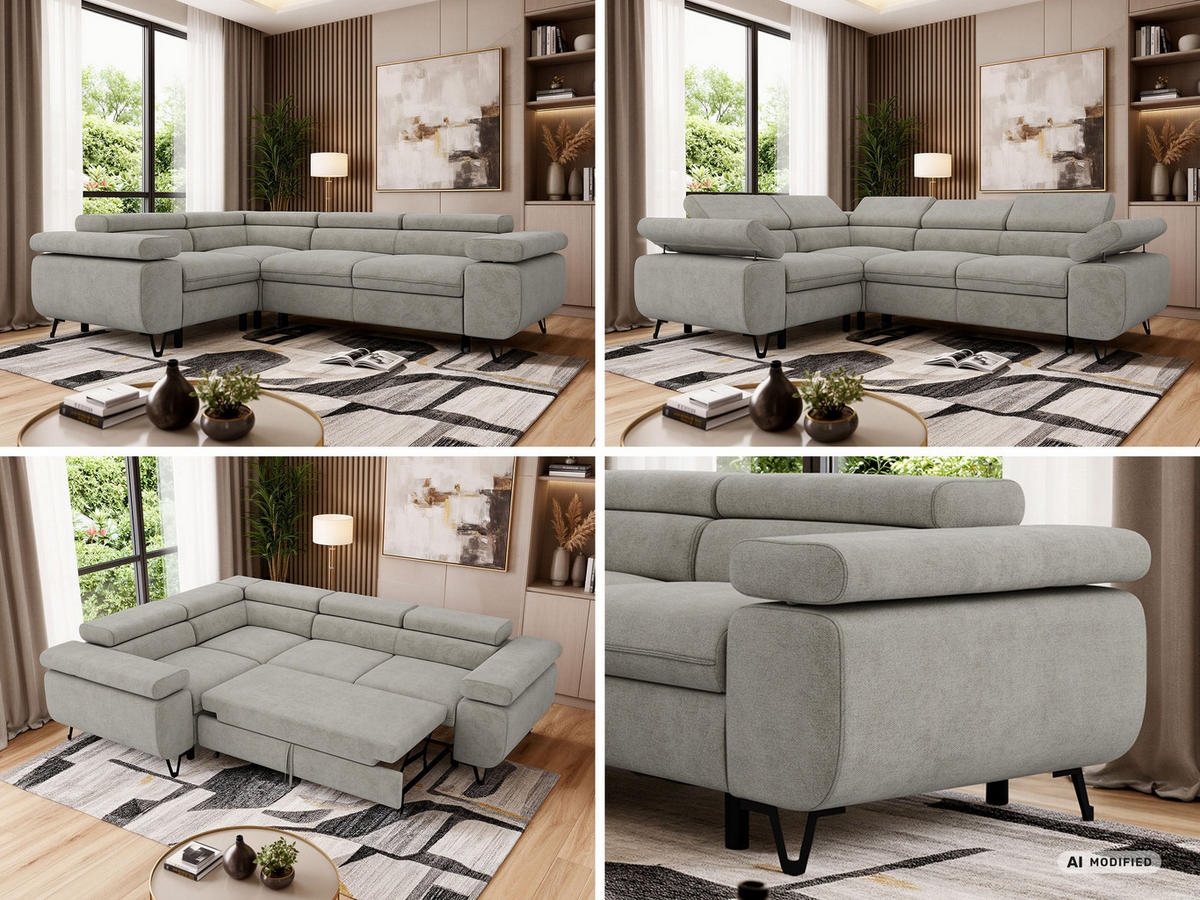 ECKSOFA FALCO L - Hellgrau Stukture - Links Seite - Hellgrau/Schwarz, Textil/Metall (197/268cm) - MKS