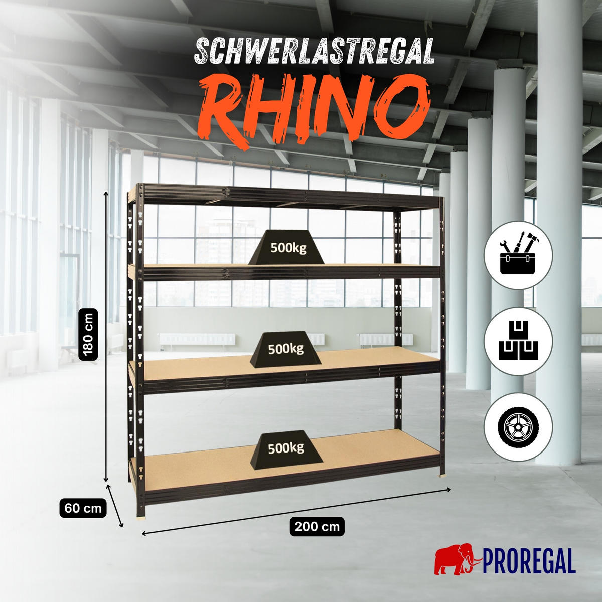 SCHWERLASTREGAL Rhino 180x200x60 cm 4 Spanplatten-Ebenen 8mm Fachlast 500 kg Schwarz - Schwarz, Metall (200/180/60cm) - PROREGAL