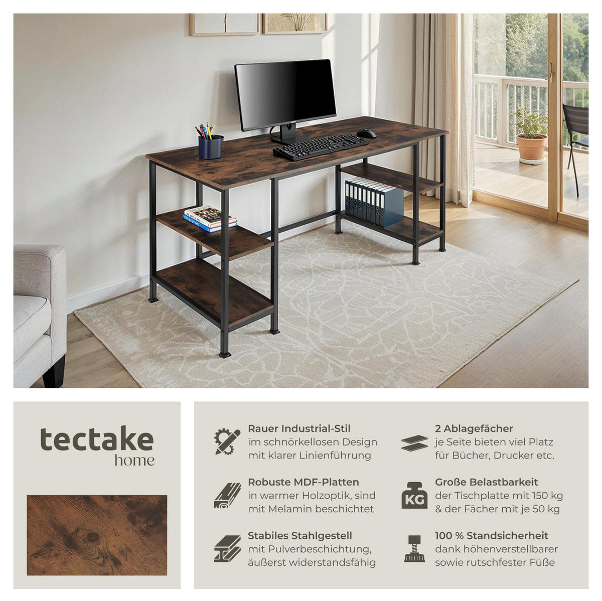 COMPUTER-SCHREIBTISCH Stoke,137 x 55 x 75 cm,Industrial Holz dunkel, rustikal - Rostfarben, Holz (137/55/75cm) - tectake