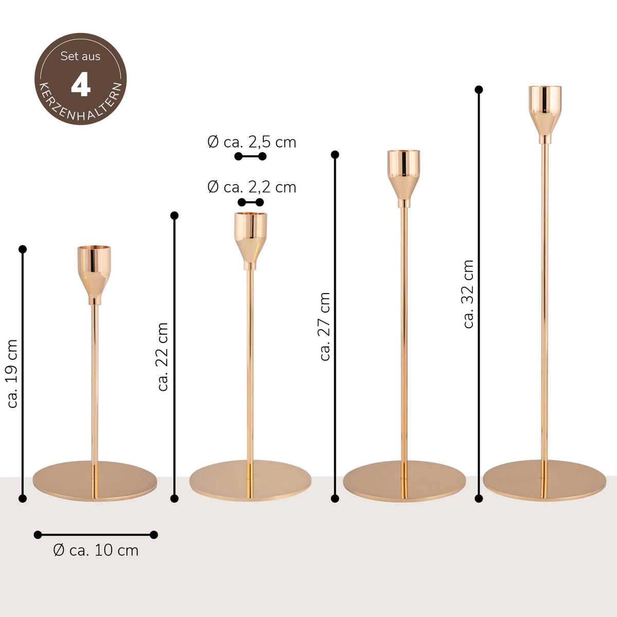 KERZENHALTER 4er-Set, Gold, Aluminium, Stahl - Roségold, Metall (10/32/10cm) - bremermann