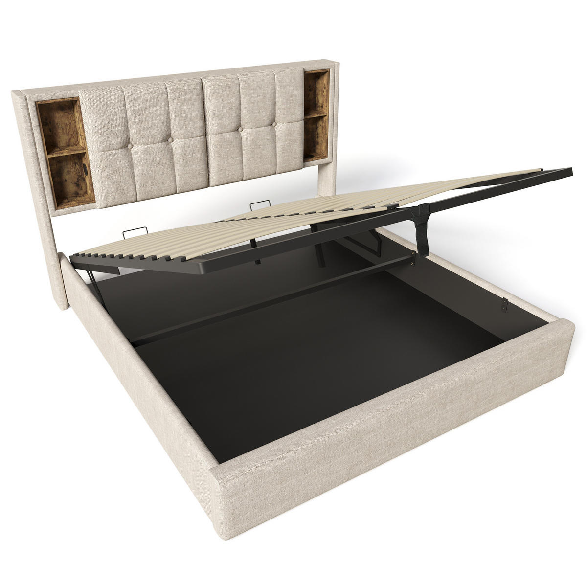 POLSTERBETT 160/200 cm mit kabellosem Laden, USB-C, Bettkasten und Matratze aus Leinen, Natur - Naturfarben, Textil (160/200cm) - Redom
