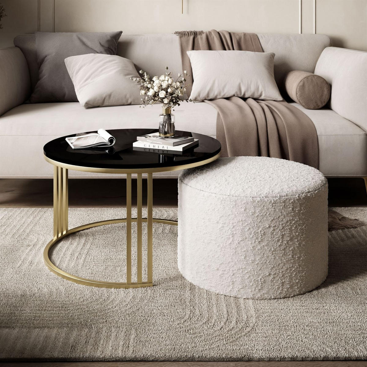 COUCHTISCH mit Hocker LORI Hochglanz gebürstetes Gold/Schwarz glänzend/Coral 65 - Schwarz, Metall (70/70/49cm) - Lookway