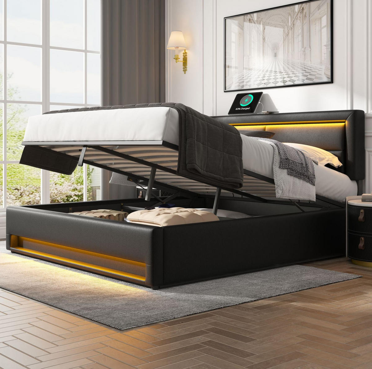 POLSTERBETT mit Stauraum, USB und LED 160x200 cm PU Black - Schwarz, Metall (160/200cm) - Meubliv