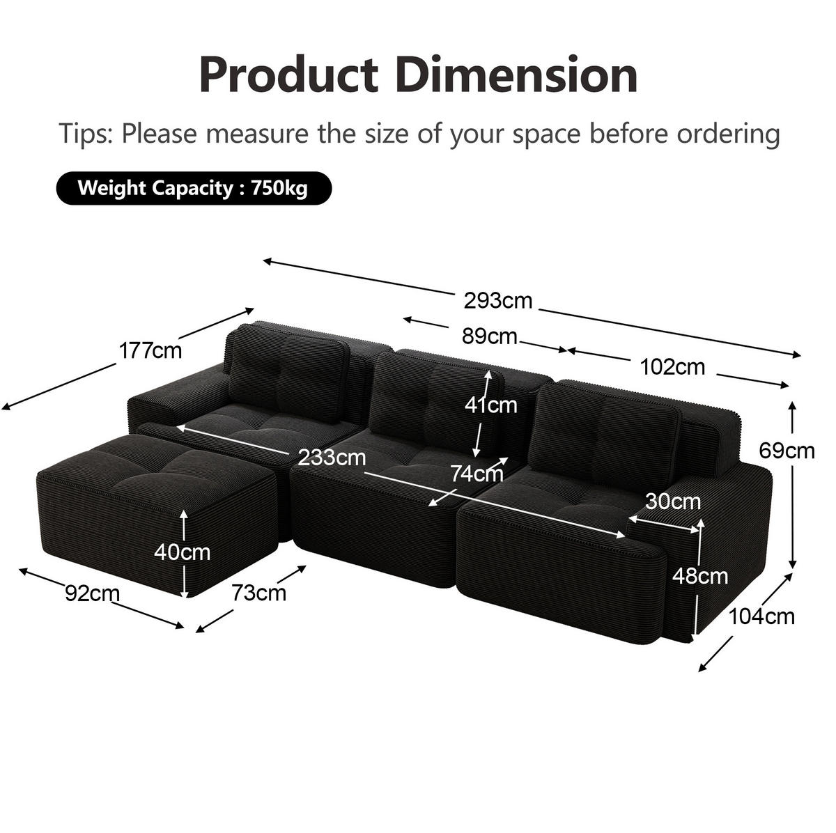 SOFA modular mit Tiefsitz Cord Black montagefrei - Schwarz, Kunststoff (177/293cm) - Meubliv