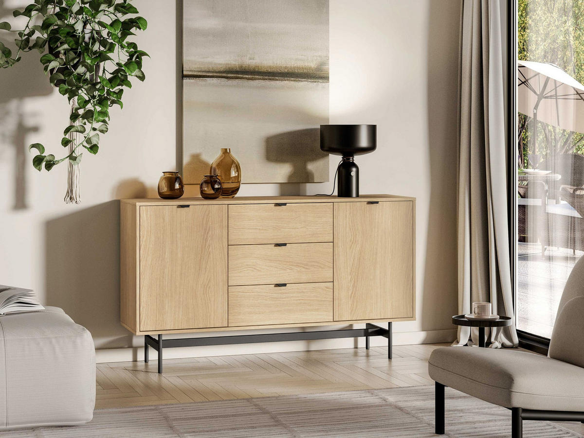 KOMODA Heggers 2-dveřová 150 cm - černá/barva dubu, kov/kompozitní dřevo (150/85/40cm) - Selsey