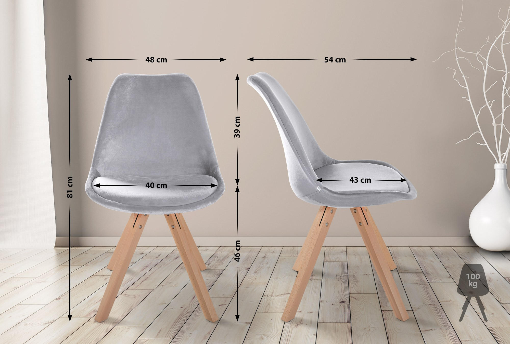 STUHL 4er Set Samt hellgrau - Hellgrau/Naturfarben, Holz/Textil (48/81/54cm) - CLP