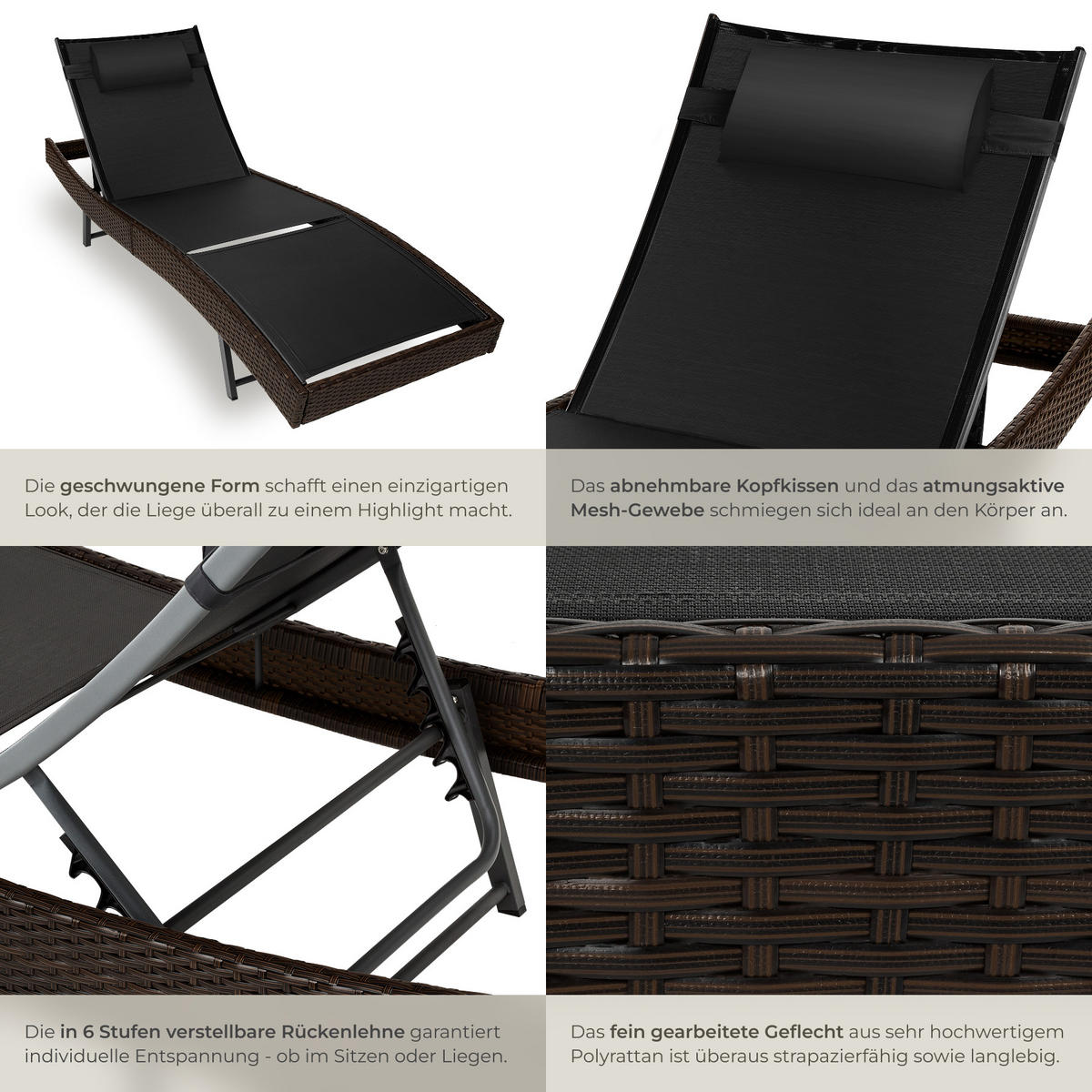 RATTAN-SONNENLIEGE Moana,69 x 211 x 41 - 94 cm,braun gemischt - Braun, Kunststoff (69/94/211cm) - tectake