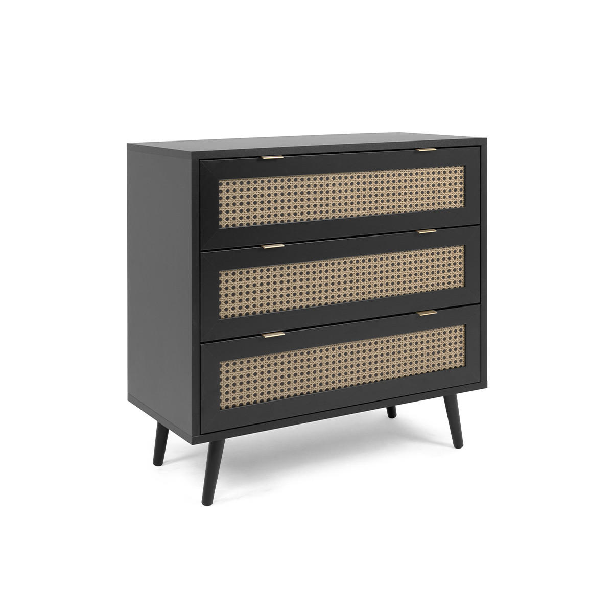 KOMMODE mit 3 Schubladen, schwarzem- und Rohrgeflecht Druck Villa - L80 x H80 x T40 cm - Schwarz, Holzwerkstoff (40/80/80cm) - Calicosy