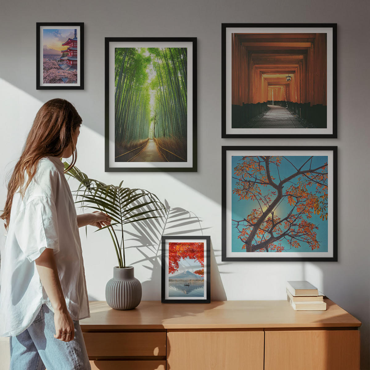 WANDBILDER 5er-Set - 50x50 cm & 20x30 cm & 40x60 cm Schwarzer Rahmen - Meerblick, farbenfrohe Häuser - Schwarz, Kunststoff (40/60cm) - ArtPrintCave