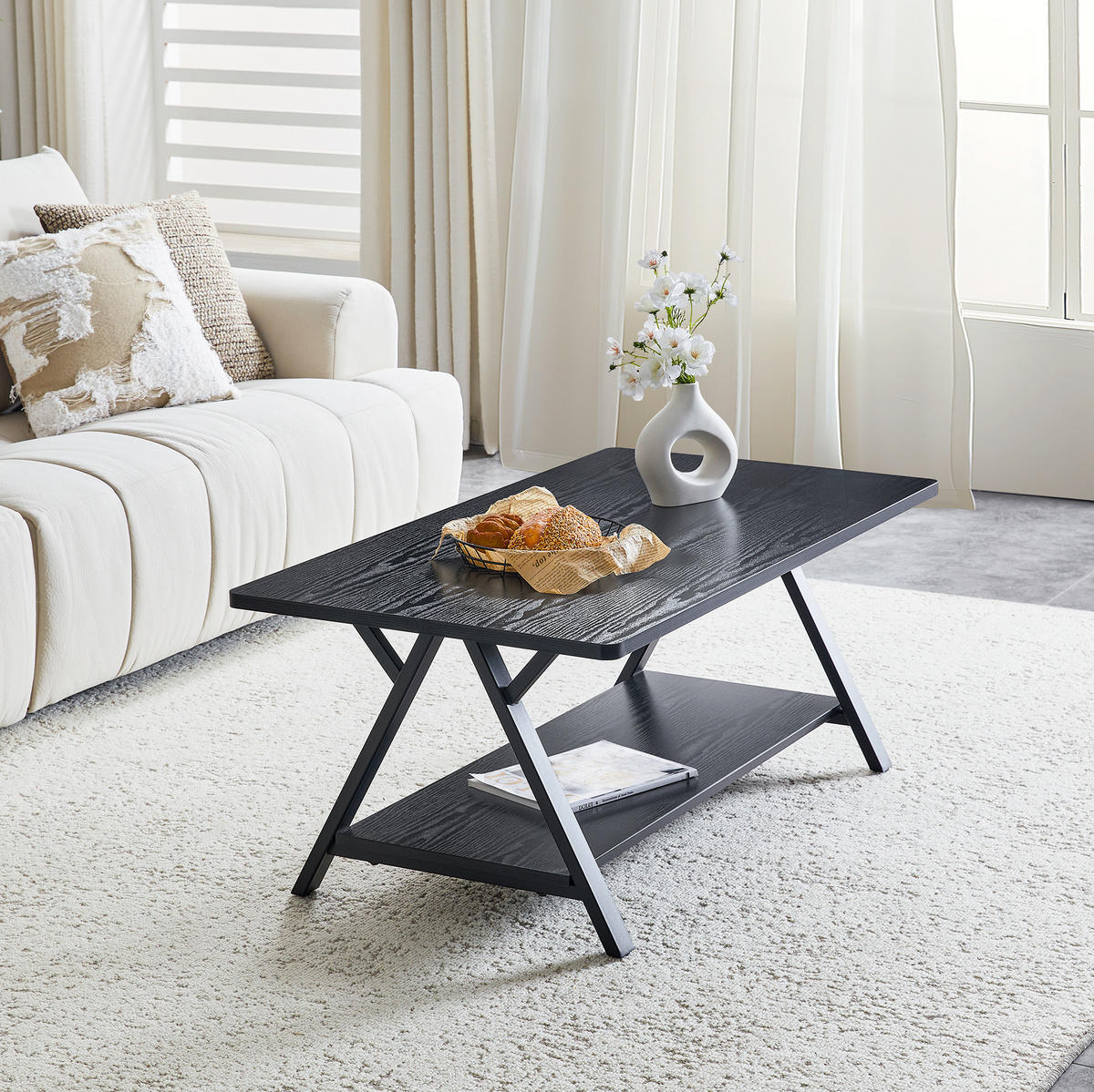 COUCHTISCH 110/57/44.5 cm schwarz aus MDF und Metall mit Stauraumregal - Schwarz, Holzwerkstoff (110/57/44.5cm) - OKMYHOME