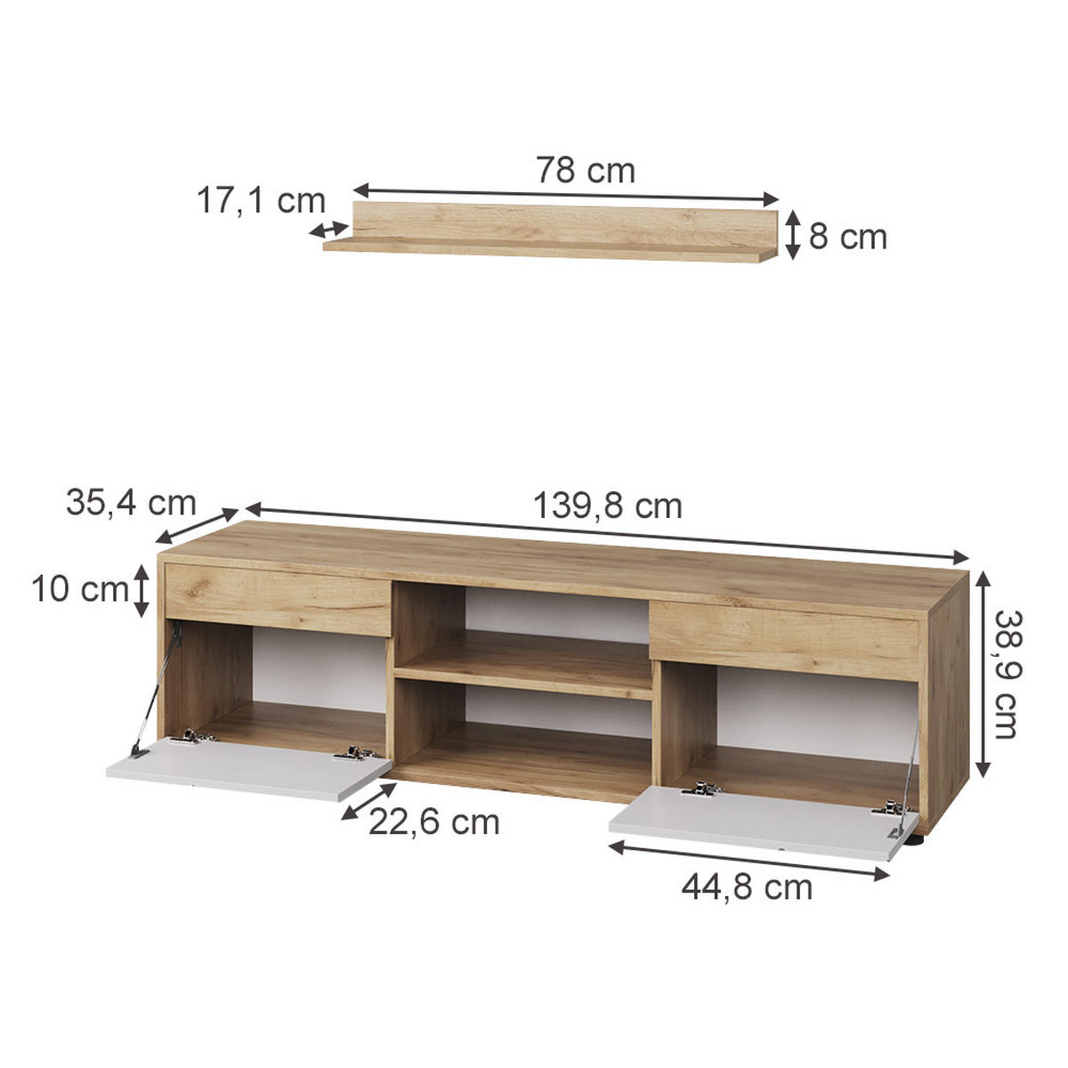ŽIVÁ STĚNA Berno Zlatá síla dub/bílá - bílá/medově dubová, kompozitní dřevo (139.8/38.9/35.4cm) - Vicco