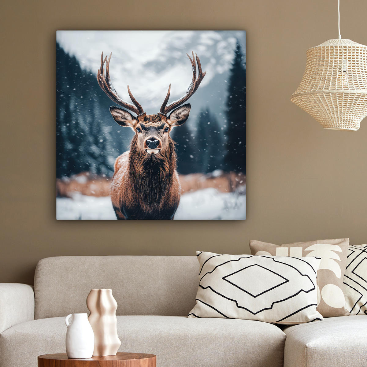 LEINWANDBILD Hirsche - Tiere - Landschaft - Winter - Schnee 90x90 cm - Kastanienfarben, Textil (90/90cm) - MuchoWow